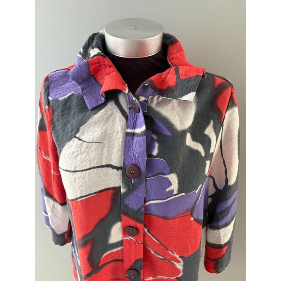 Yushi Tunic Top Size S Red Gray Lagenlook Flowy Artsy Wire Collar Lightweight - Picture 5 of 16